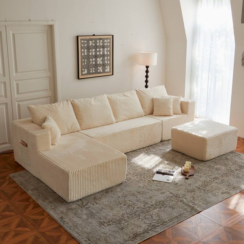 133.86" Modern U-Shape Cloud Modular Sectional Sofa with 1 Ottoman, No Assembly Required - Beige