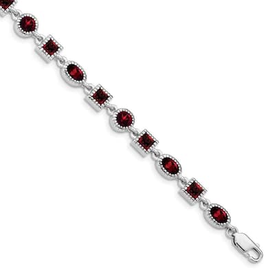 Curata 925 Sterling Silver Textured Polished Garnet Bracelet 7 Inch Lobster Claw