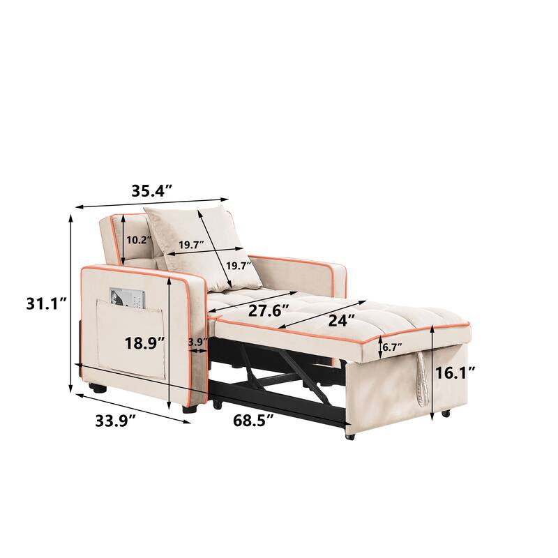 Velvet Convertible Single Sofa Chair Bed With Adjustable Backrest And