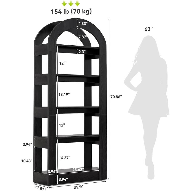 MDF 5 Tier Bookshelf with Arched Top and Heavy-Duty Shelves - 70.86" H x 31.5" W x 11.81" D