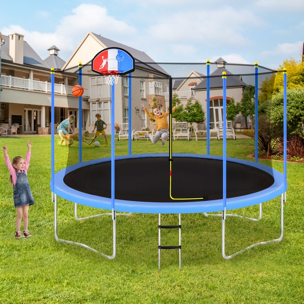 12FT Trampoline Kids with Enclosure Net Basketball Hoop and Ladder - - 37568037