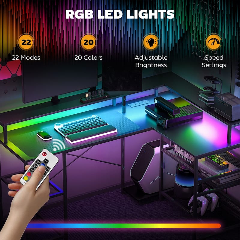 Shaped Desk with RGB LED Light USB Charging Ports Ergonomic Monitor Stands and Storage Shelves Sturdy Corner Office Workstation