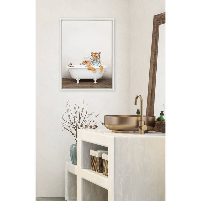 Kate and Laurel Bengal Tiger in Bath Framed Canvas by Amy Peterson