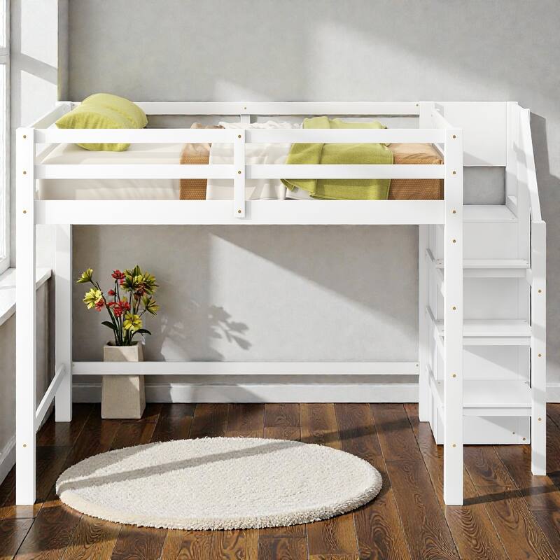 Full Size Loft Bed with Built-in Storage Wardrobe and Staircase, Solid Wood Space-Saving Loft Frame - White - Full