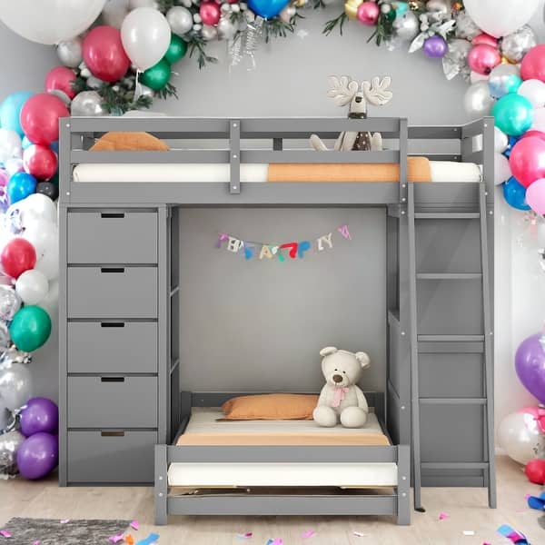 slide 2 of 40, Modern Twin over Twin Bunk Bed With LED Light And USB Ports,Solid Construction for Kids Grey