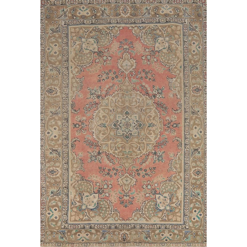 Pink Floral Tabriz Persian Area Rug Hand-Knotted Wool Carpet - 6'5"x 9'11"
