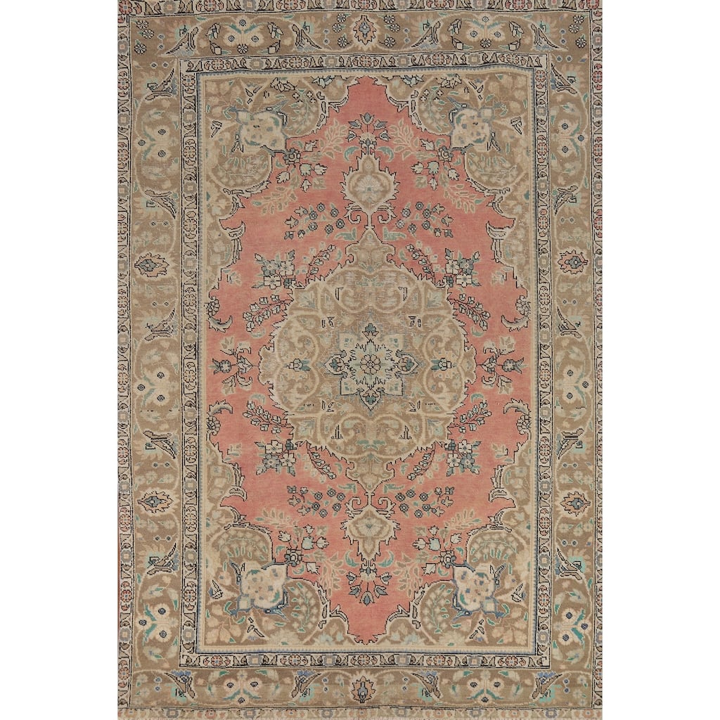 Pink Floral Tabriz Persian Area Rug Hand-Knotted Wool Carpet - 6'5"x 9'11"