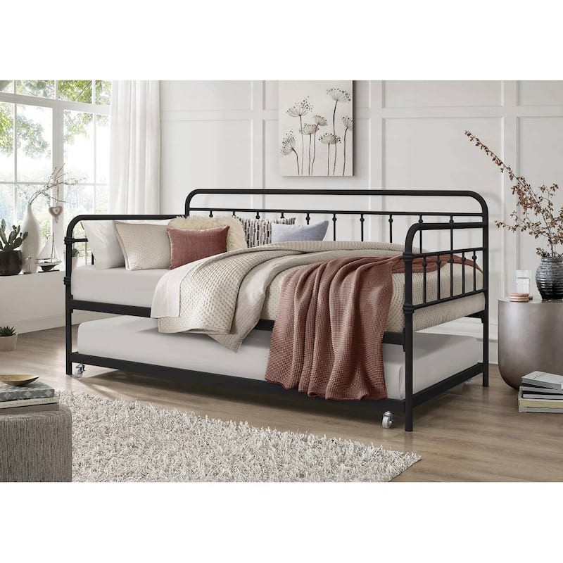 Twin size Rounded Iron Daybed with Roll Out Trundle Bed Frame - Black