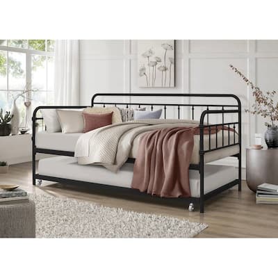 Twin size Rounded Iron Daybed with Roll Out Trundle Bed Frame