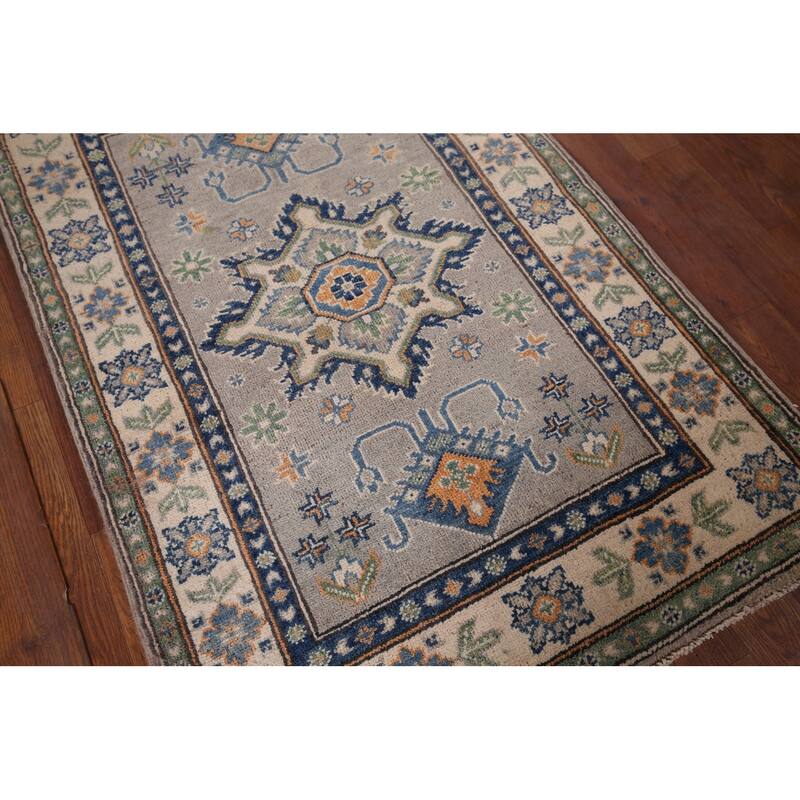 Geometric Kazak Foyer Rug Handmade Grey Wool Carpet - 2'9" x 4'0"