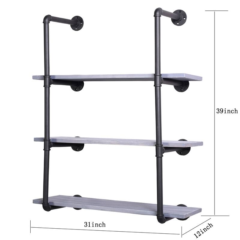 Weathered Grey Wood Floating Bookcase with 3-shelf Black Metal Pipe Frame