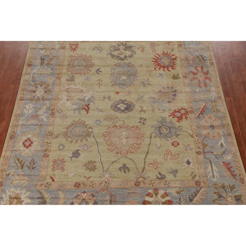 Hand Knotted Oriental 100% Wool Carpet Transitional All-Over Green Oushak Area Rug - 10' 3'' X 8' 7''