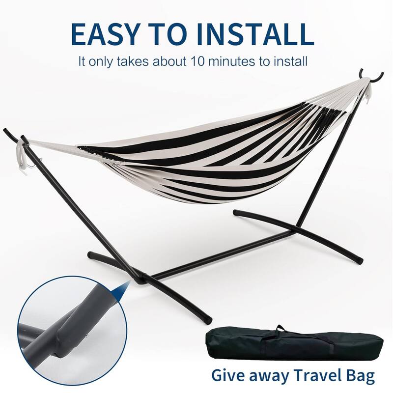 450lb Large Capacity Double Hammock with Steel Stand with Carry Bag for Patio Backyard Poolside
