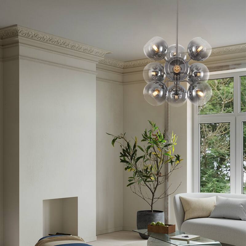 9 - Light Smoked Glass Globe Cluster Chandelier - Sand Nickel
