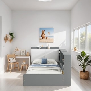 Twin Size Platform Bed with Storage Headboard, Pine Wooden Bed with Shelves, Storage Bed with 2 Drawers, Subdued Gray