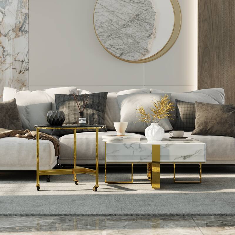 Modern Luxury Square Faux Marble Coffee Table Set Nesting Coffee Table with End Table