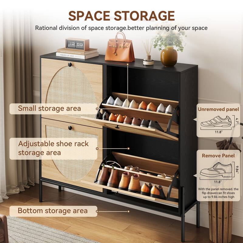 Space-Saving Rattan Shoe Cabinet with 4 Flip-Down Doors-Elegant Narrow Storage for Entryways & Hallways