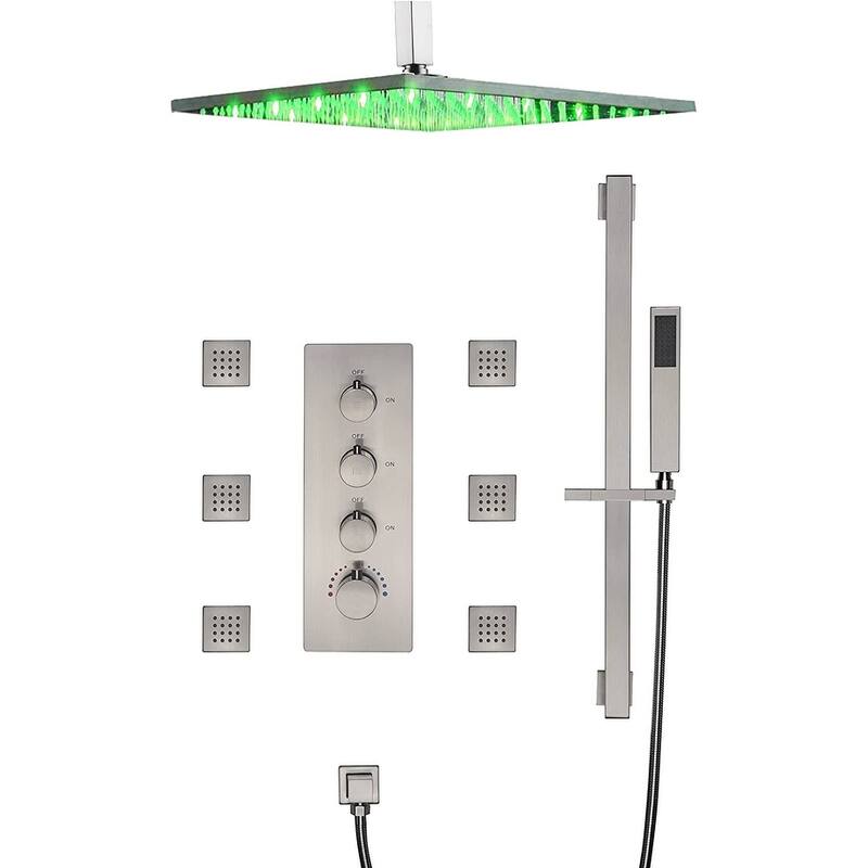 Brushed Nickel 12" LED Rainfall Shower X3 Thermostatic Faucet System w/ Slide Bar, 6 Jets - Brushed Nickel