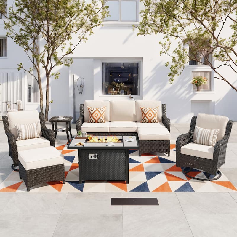 OVIOS 7-piece Patio Swivel Chair Set with 42" Fire Table - Beige-Brown Wicker