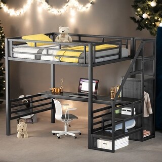Full Metal Loft Bed with Desk, Storage Stairs, and Wardrobe