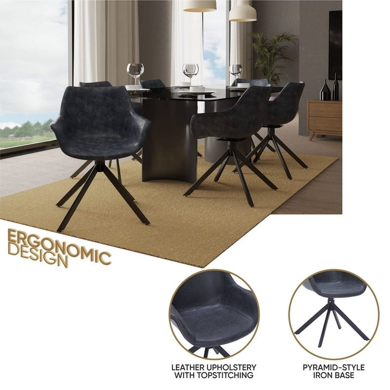Markley Modern Swivel Dining Chair with Distressed Leather Upholstery, Ergonomic Back, and Black Metal Legs for Home or Office