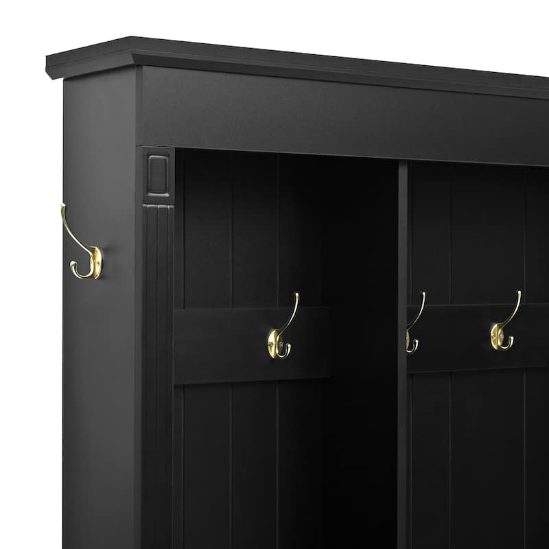 Large LED Hall Tree with 9 Hooks, Roman Column Design Storage Bench with 3 Cabinets, Farmhouse Entryway Organizer with Shelves