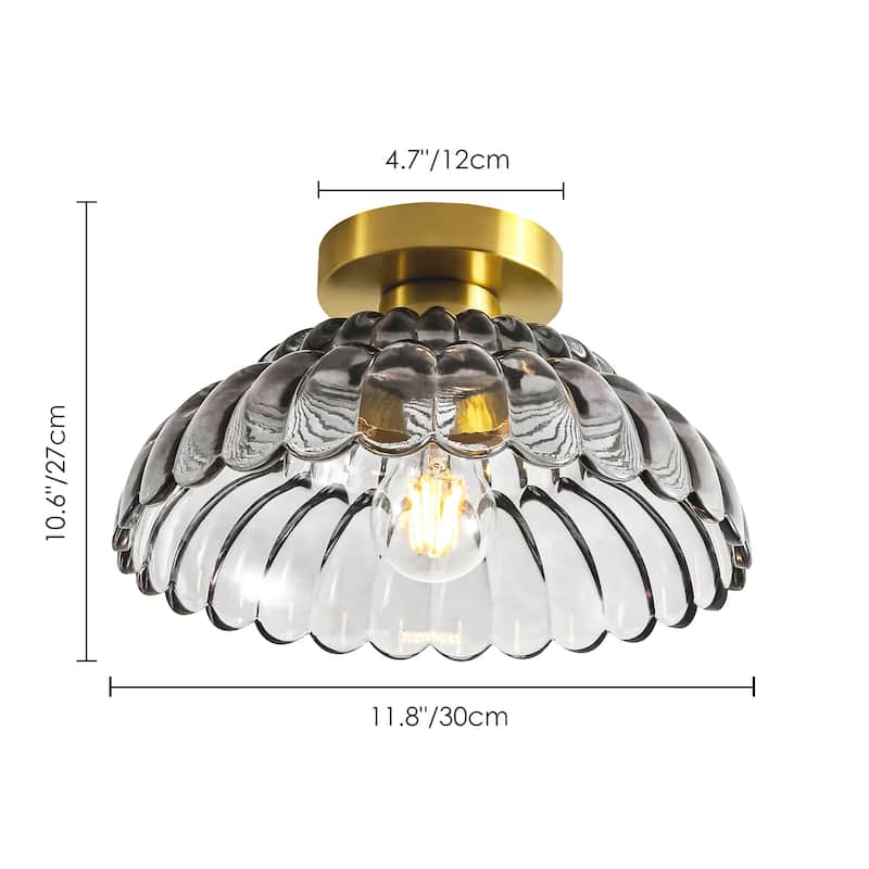 1-Light Vintage Brass Finish Metal Semi-Flush Mount Ceiling Light with Amber/Green/Grey/Clear Glass Shade for Kitchen, Hallway
