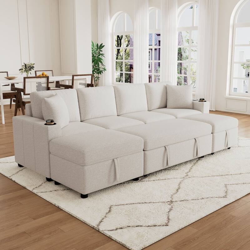 109.1" Convertible Pull-out Sectional Sofa Bed with Movable Storage Ottoman