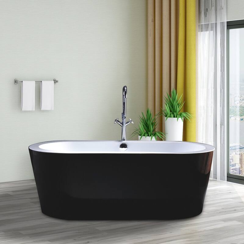 Vanity Art 67.7" Freestanding Black Acrylic Bathtub Stand Alone Soaking Tub with Polished Chrome Round Overflow & Pop-up Drain