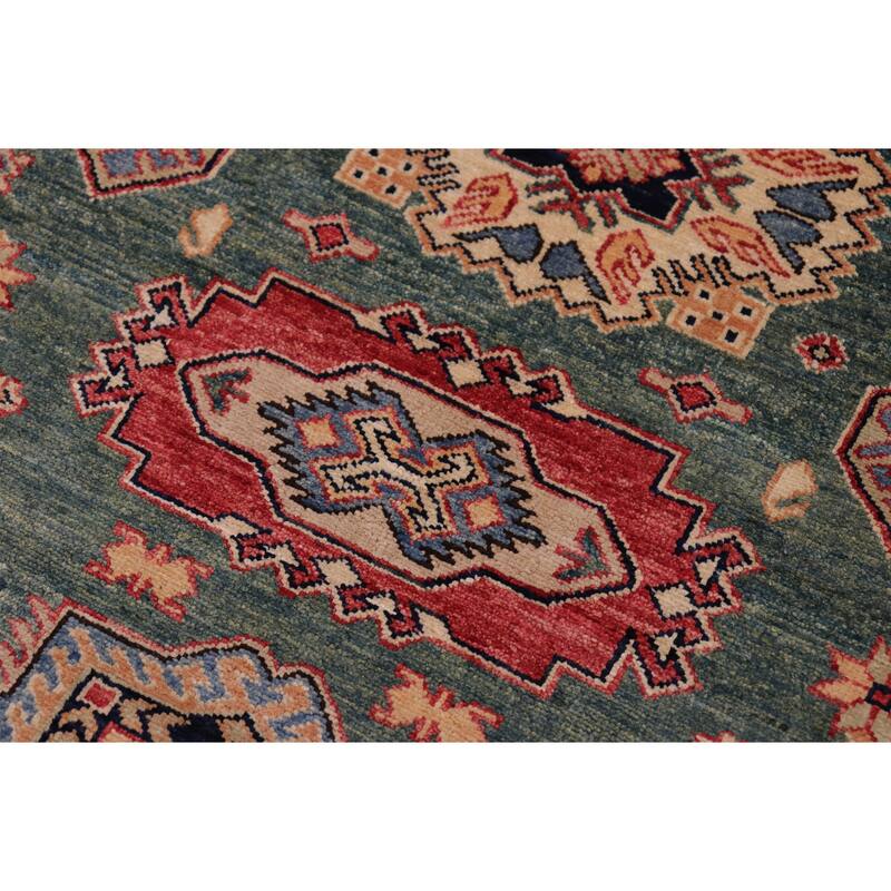 Southwestern Super Kazak Samara Green/Red Hand Knotted Wool Rug - 4'2'' x 5'11''