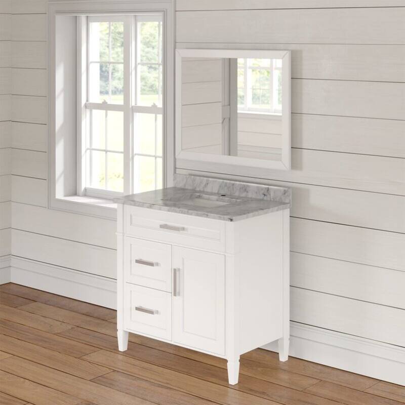 Vanity Art 36-Inch Single Sink Bathroom Vanity Set Carrara Marble Stone Top 3 Drawers 1 Shelf Undermount Sink with Free Mirror