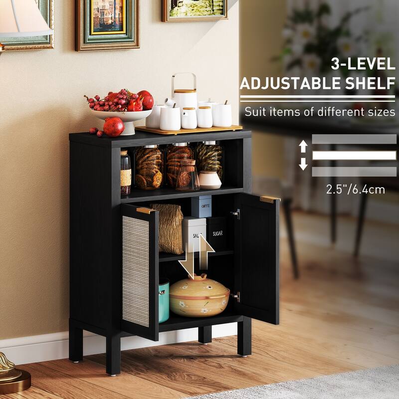 Rattan Sideboard with Adjustable Shelves and Golden Handles for Kitchen Dining and Living Room Storage
