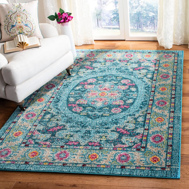SAFAVIEH Madison Lidia Vintage Boho Oriental Medallion Rug - 5'3" x 7'6" - Light Blue/Fuchsia