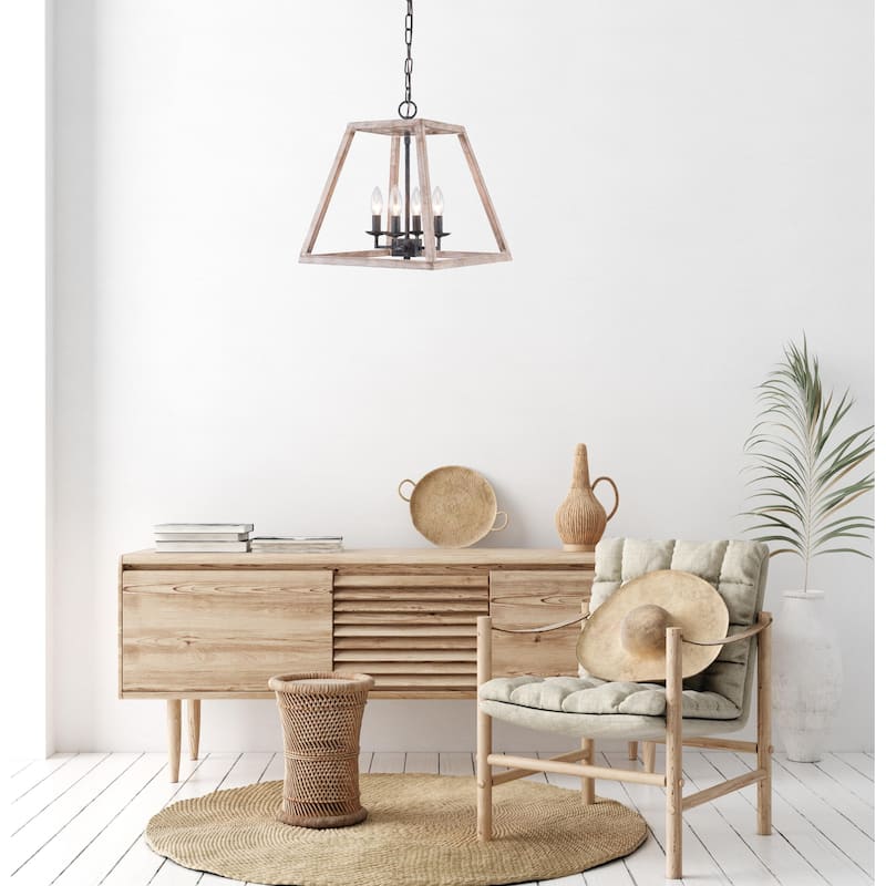 Modern contemporary Farmhouse Aged Wood Cage 4-light Dinning Kitchen Foyer Chandelier Pendant - 15"W x 15"D x 18"H
