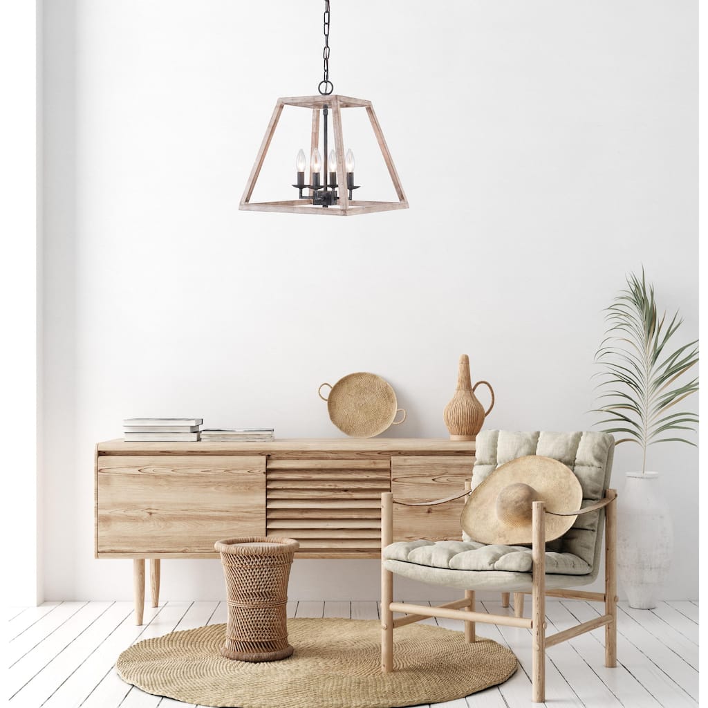 Modern contemporary Farmhouse Aged Wood Cage 4-light Dinning Kitchen Foyer Chandelier Pendant - 15"W x 15"D x 18"H