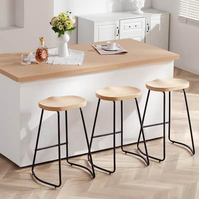 Counter Bar Stools Set of 3, Solid Wood Bar Stool for Kitchen Island 26" Barstool w/Metal Leg Rustic Backless Saddle Seat Stools