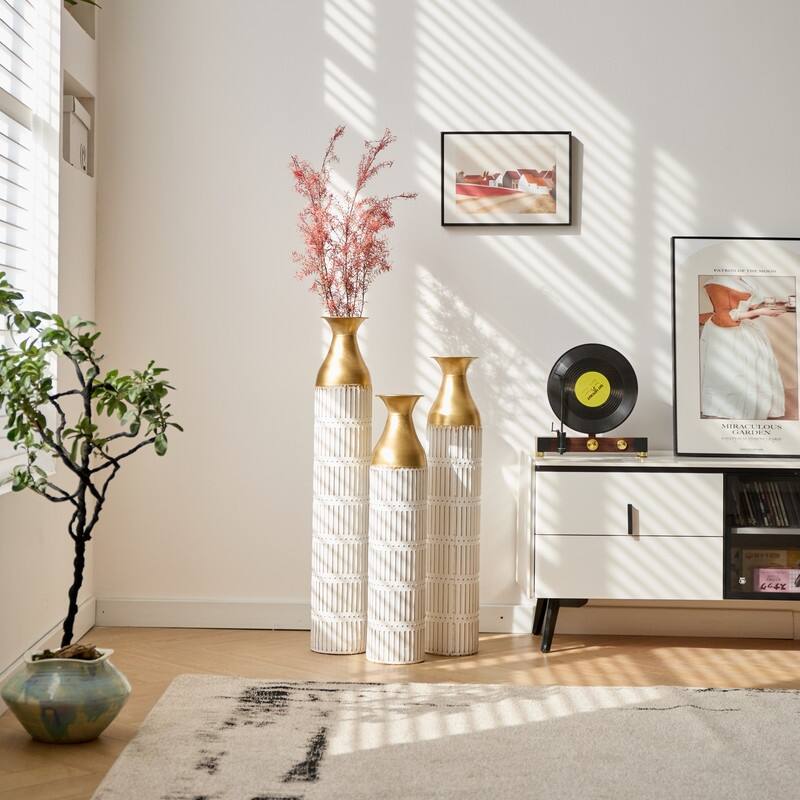 Set of 3 Tall White & Gold Metal Cylinder Vases - Glam Geometric Floor Vases for Modern Home Decor (24", 28.7", 33.4" Heights)