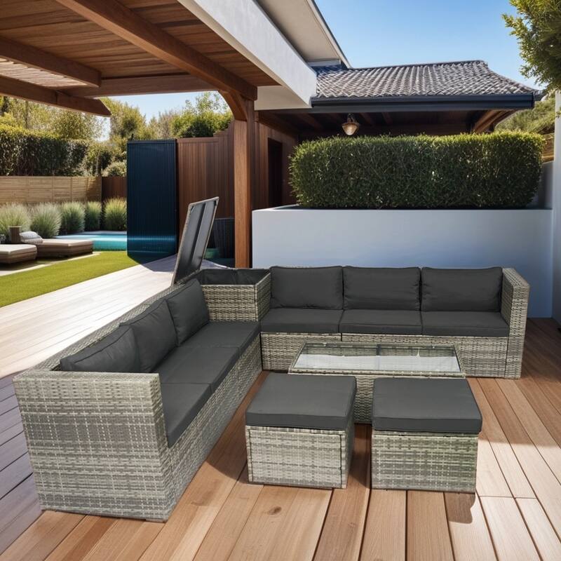 Outdoor PE Wicker Patio Conversation Furniture Set 8 Piece Rattan Sectional Couch Set with Storage Box and Glass Top Table