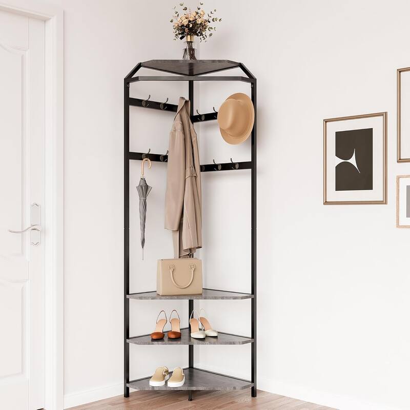 Corner Coat Rack With Shoe Bench Entryway, Corner Hall Tree With 6 Double Hooks