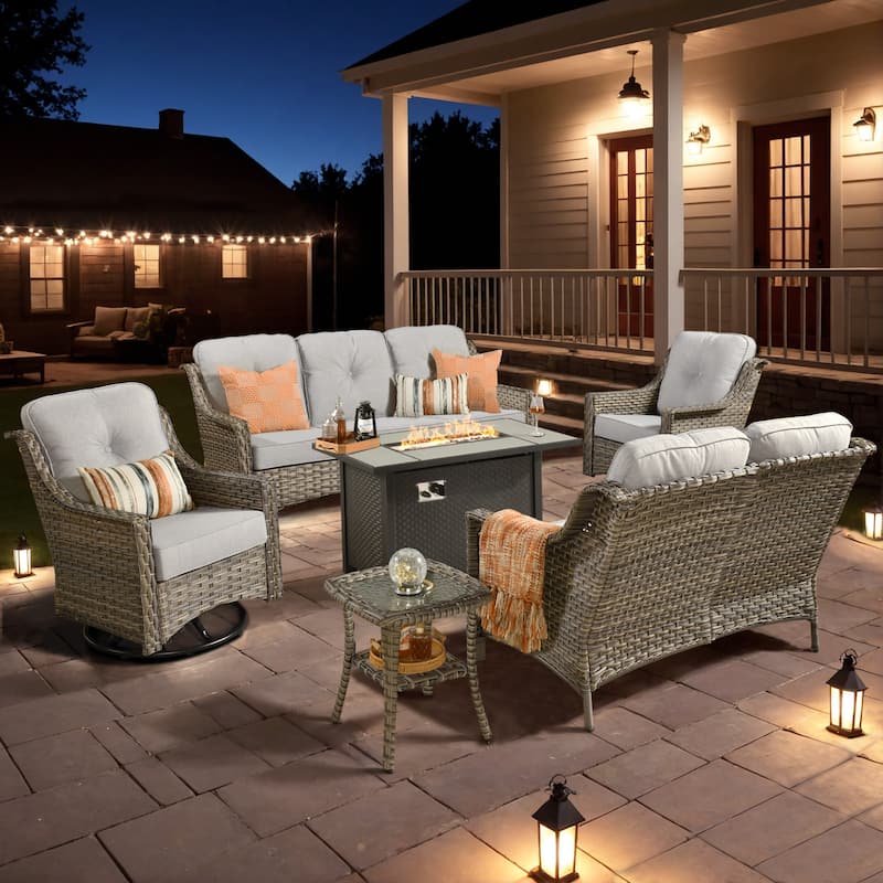 XIZZI Outdoor Wicker Patio Furniture Conversation Set with Fire Table - 6-piece - Grey