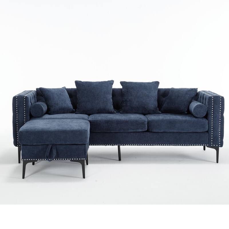 85'' L-Shaped 4 Seater Sectional Sofa with Convertible Storage Ottoman, Pillows, Solid Wood Frame, Modern Tufted Design