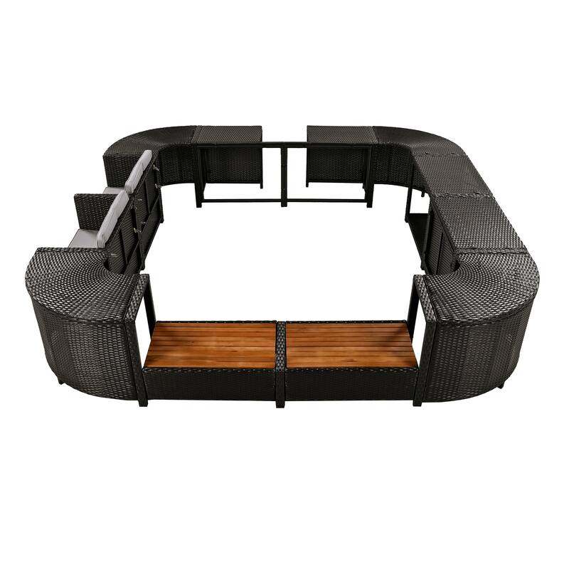 Outdoor Rattan Spa Frame Conversation Sofa Set with Storage & Wooden Bench