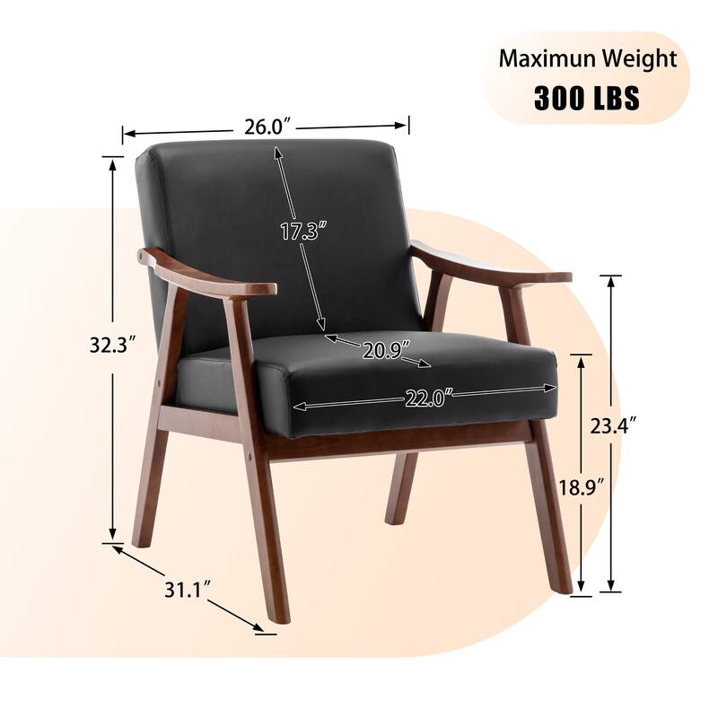 PU Leather Upholstered Accent Chair, Lounge Armchair with Extra-Thick Backrest, Living Room Chairs with Solid Wood Frame