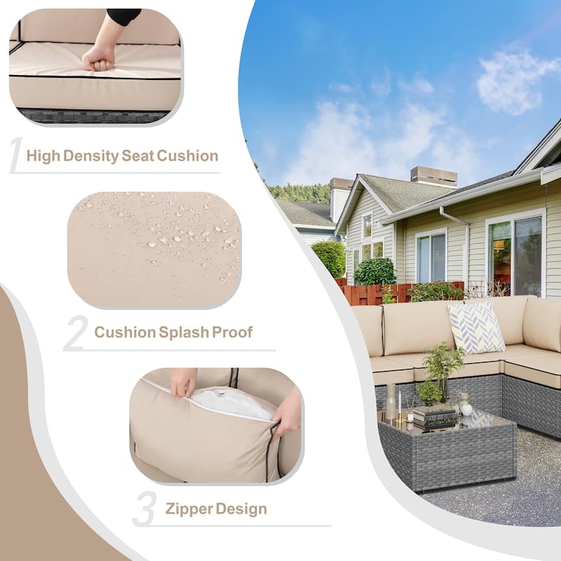 8-Piece Outdoor Patio Wicker Conversation Set with Fire Pit Table, Sectional Sofa & Cushions - N/A