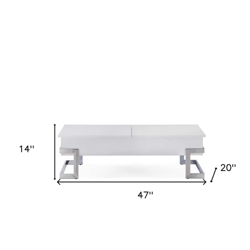 47-Inch White and Silver Lift Top Coffee Table with Metal Sled Base - 47” x 20” x 14”