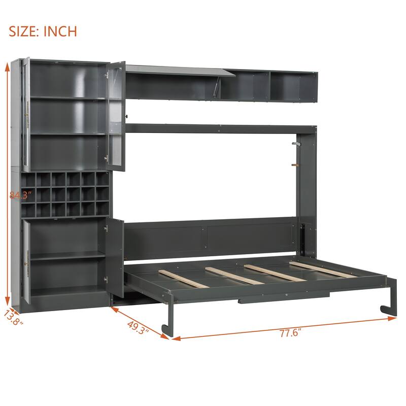 Space-Saving Full Size Murphy Bed with Sofa, Shelves, USB & Light in Gray