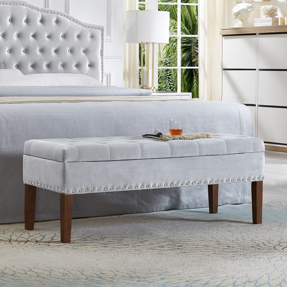 Modern Storage Bench with Wooden Legs, 48 Inch Upholstered Ottoman Bench Velvet End of Bed Stool, Entryway Bench