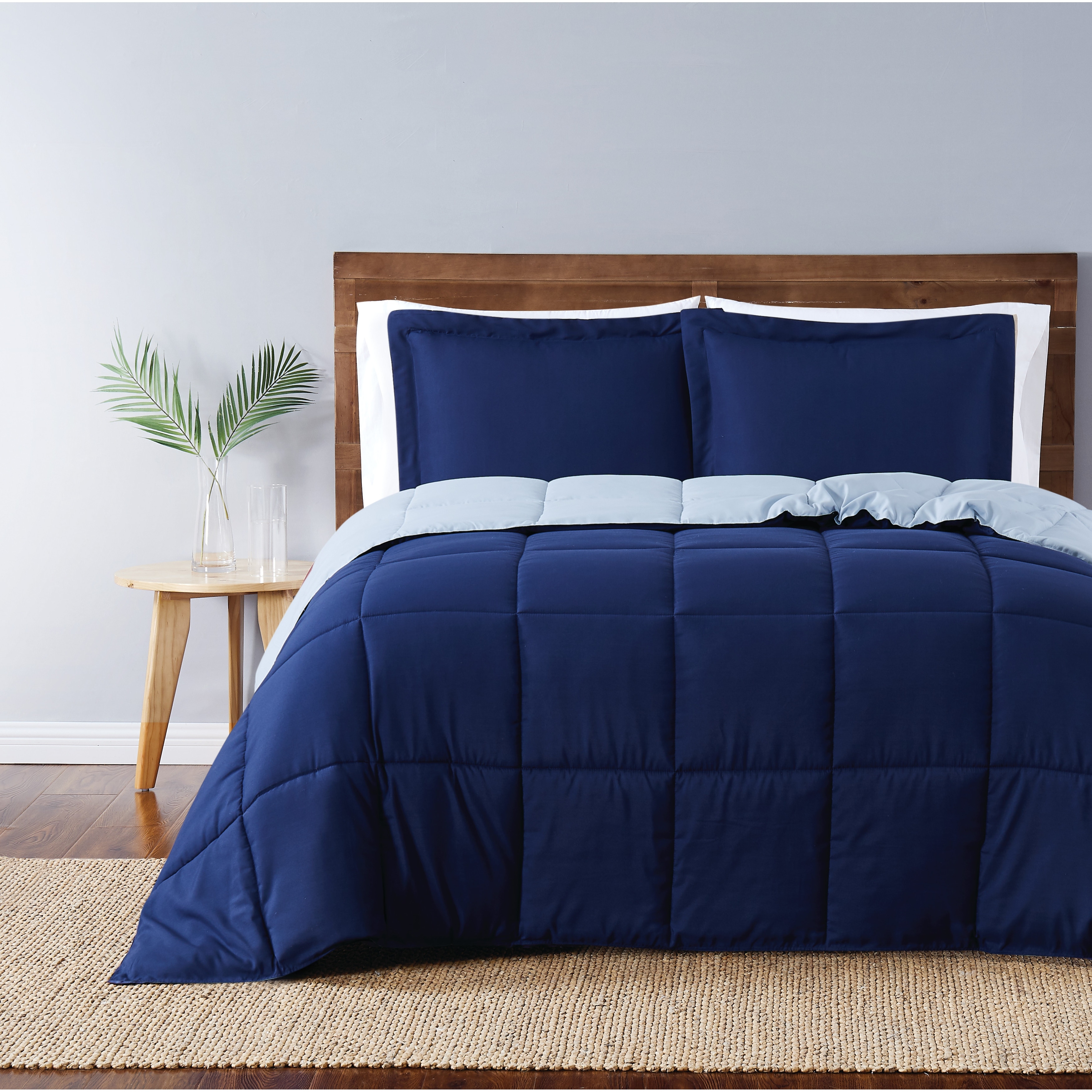 3pcs Super Soft Reversible Down Alternative Comforter Set King Navy Light Blue 
