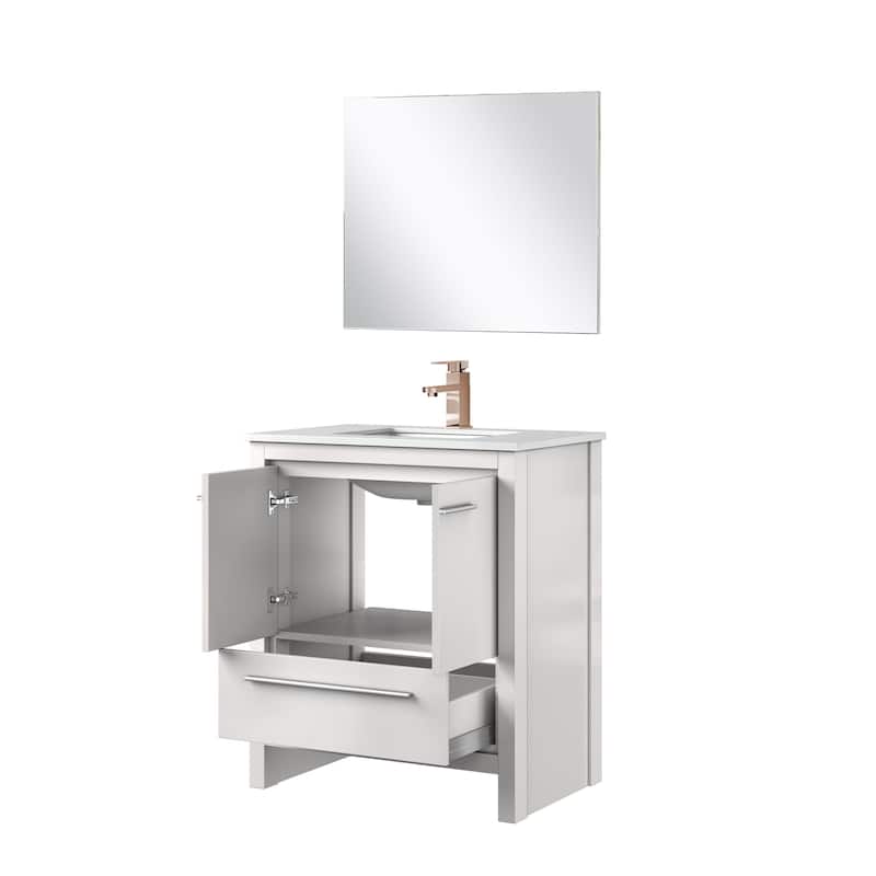 Lafarre Bath Vanity with Quartz Top, Sink, Mirror and Rose Gold Faucet