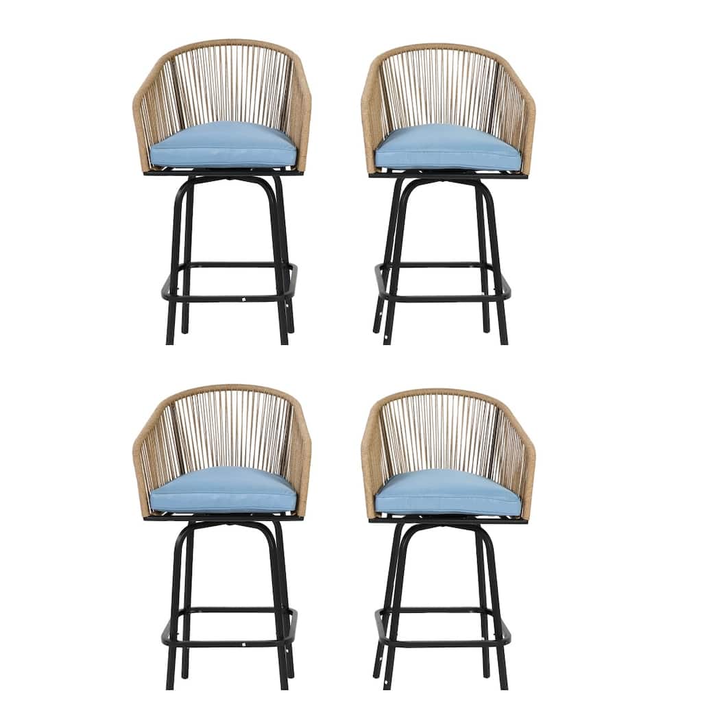 Outdoor Bar Stools Set of 4, Rattan Bar Stools with Steel Frame Legs, Backrest and Armrests, for Lawn, Garden